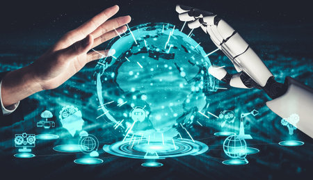3D rendering artificial intelligence AI research of droid robot and cyborg development for future of...