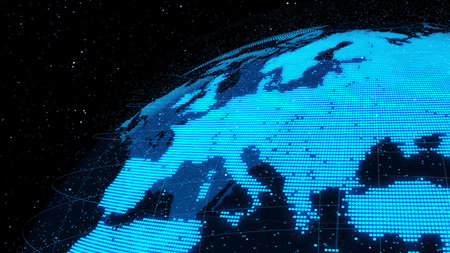 3D Digital orbital earth in cyberspace showing concept of network technology . Hologram of globe...