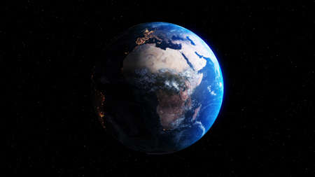 Planet earth with realistic geography surface and orbital 3D cloud atmosphere . Outer space view of world globe sphere of continents .の写真素材