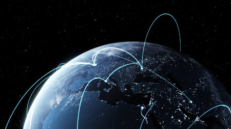 Global network and internet connection in orbital earth globe . Concept of wireless digital...