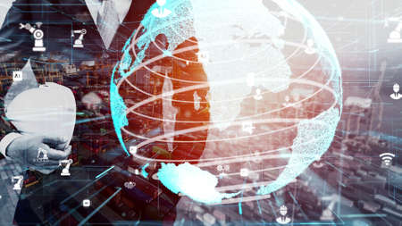 Future building construction and inventive engineering project concept with HUD hologram graphic design. Building engineer, architect people or construction worker works with modern civil technology.の写真素材