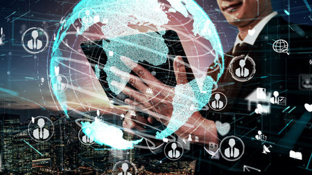 People network and global communication conceptual. Business people with modern graphic interface of...