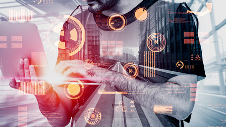 Future building construction and inventive engineering project concept with HUD hologram graphic...