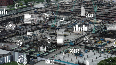 Construction technology concept with alteration graphic over construction site showing concept of...