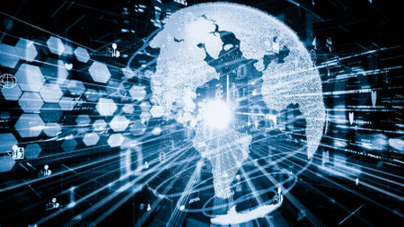 Futuristic global social media, people network and tacit digital data sharing . Concept of smart digital transformation and technology disruption that changes global trends in new information era .の写真素材
