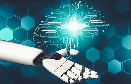 3D rendering futuristic droid robot technology development, artificial intelligence AI, and machine...