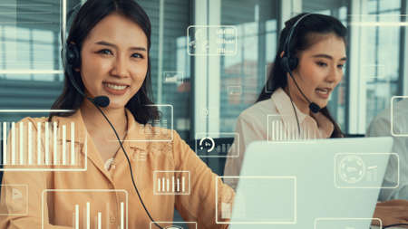 Customer support call center provide data with envisional graphic . Business and communication technology concept .の写真素材