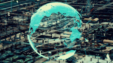 Construction technology concept with alteration graphic over construction site showing concept of automation and remote wireless machine control by using futuristic HUD in a computer software .の写真素材