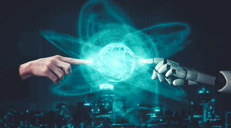 3D rendering artificial intelligence AI research of droid robot and cyborg development for future of people living. Digital data mining and machine learning technology design for computer brain.の写真素材