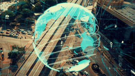 Smart transport technology alteration concept for future road traffic control . Virtual intelligent system makes driving information analysis to connect data of vehicle on city street for driver .の写真素材