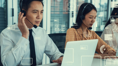 Customer support call center provide data in conceptual vision . Business and communication technology concept .の写真素材