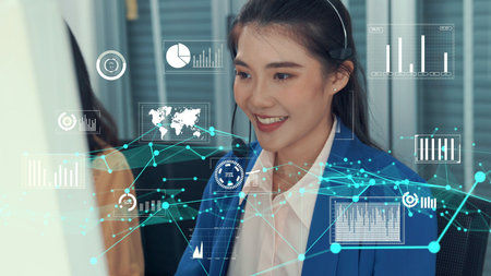 Customer support call center provide data with envisional graphic . Business and communication...