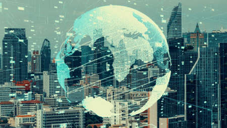 Global connection and the internet network alteration in smart city . Concept of future wireless digital connecting and social media networking .の写真素材