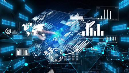 Data Analysis for Business and Finance conceptual. Graphic interface showing future computer...
