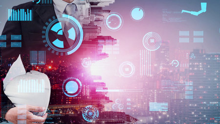 Future building construction and inventive engineering project concept with HUD hologram graphic...