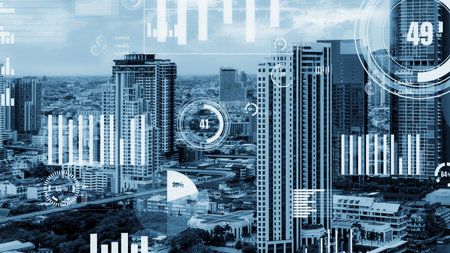 Business data analytic interface fly over smart city showing alteration future of business...