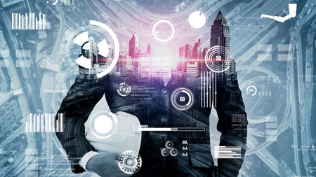 Future building construction and inventive engineering project concept with HUD hologram graphic...