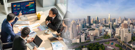Smart businessman and businesswoman talking discussion in widen group meeting at office table in a modern office interior. Business collaboration strategic planning and brainstorming of coworkers.の写真素材