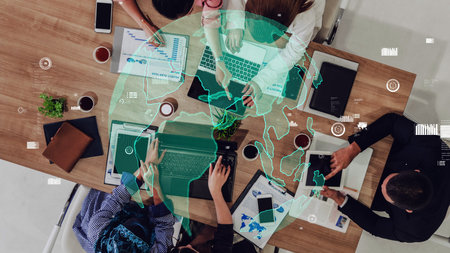 Conceptual vision of business people in the corporate staff meeting . Concept of digital technology...