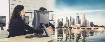 Business people wearing headset working in office to support remote customer or colleague. Call...
