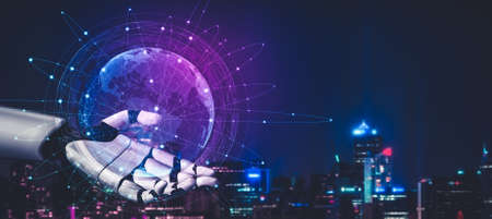 3D rendering artificial intelligence AI research of droid robot and cyborg development for future of people living. Digital data mining and machine learning technology design for computer brain.の写真素材