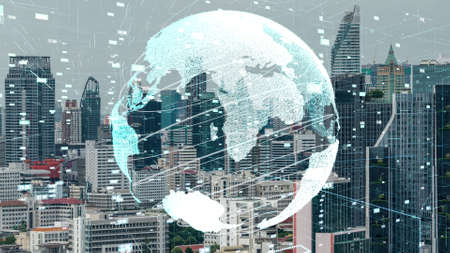 Global connection and the internet network alteration in smart city . Concept of future wireless digital connecting and social media networking .の写真素材
