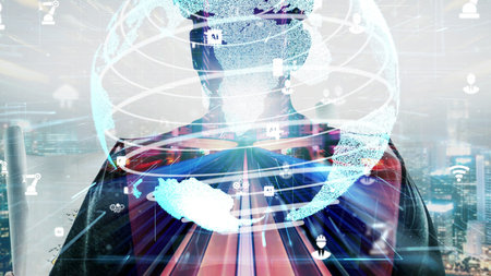Future building construction and inventive engineering project concept with HUD hologram graphic...