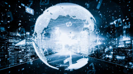 Futuristic global network and tacit digital data transfer 3D graphic . Concept of smart digital transformation and technology disruption that changes global trends in new information era .の写真素材