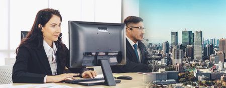Business people wearing headset working in office to support remote customer or colleague. Call...