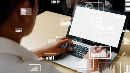 Conceptual business dashboard for financial data analysis . 3D render computer graphic .