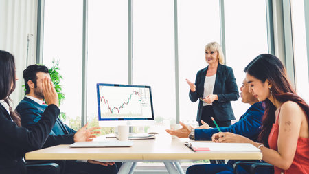 Stock market data chart analysis by ingenious computer software . Investment application display stock market chart on the computer screen and advise trading decision .の写真素材