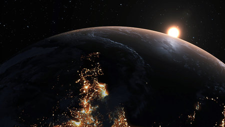 Planet earth with realistic geography surface and orbital 3D cloud atmosphere . Outer space view of...