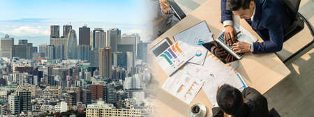 Business people group meeting shot from top widen view in office . Profession businesswomen, businessmen and office workers working in team conference with project planning document on meeting table .の写真素材