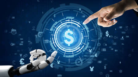 Futuristic robot artificial intelligence revolutionary AI technology development and machine learning concept. Global robotic bionic science research for future of human life. 3D rendering graphic.の写真素材