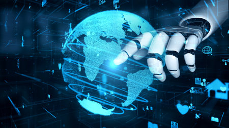 Futuristic robot artificial intelligence enlightening AI technology development and machine learning concept. Global robotic bionic science research for future of human life. 3D rendering graphic.の写真素材