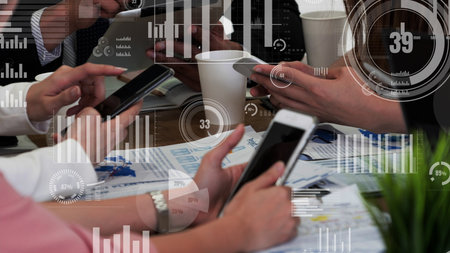 Conceptual vision of business people in the corporate staff meeting . Concept of digital technology...