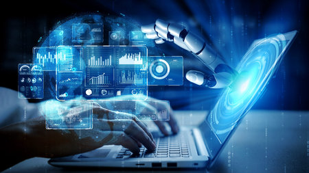 Futuristic robot artificial intelligence enlightening AI technology development and machine learning...