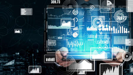 Big Data Technology for Business Finance Analytic conceptual. Modern graphic interface shows massive information of business sale report, profit chart and stock market analysis on screen monitor.の写真素材