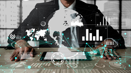 Big Data Technology for Business Finance Analytic conceptual. Modern graphic interface shows massive...