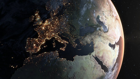 Planet earth with realistic geography surface and orbital 3D cloud atmosphere . Outer space view of world globe sphere of continents . 3D rendering graphic . Elements of this image furnished by NASA .の写真素材