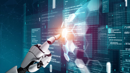 Futuristic robot artificial intelligence revolutionary AI technology development and machine...