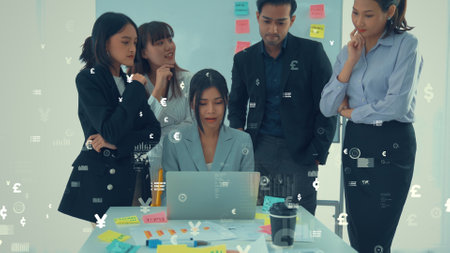 Business people in corporate staff meeting with envisional graphic . Concept of digital technology for marketing data analysis and investment decision making .の写真素材