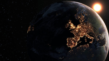 Planet earth with realistic geography surface and orbital 3D cloud atmosphere . Outer space view of...