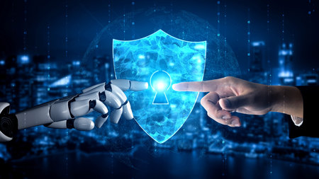 Futuristic robot artificial intelligence enlightening AI technology development and machine learning concept. Global robotic bionic science research for future of human life. 3D rendering graphic.の写真素材