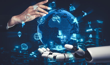 3D rendering artificial intelligence AI research of droid robot and cyborg development for future of...