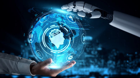 Futuristic robot artificial intelligence enlightening AI technology development and machine learning...