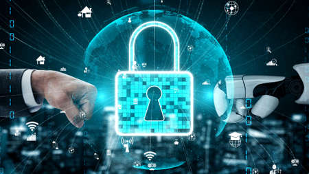 Futuristic robot artificial intelligence enlightening AI technology development and machine learning concept. Global robotic bionic science research for future of human life. 3D rendering graphic.の写真素材