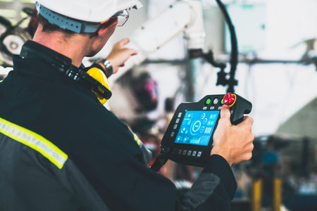 Young factory worker working with adept robotic arm in a workshop . Industry robot programming software for automated manufacturing technology .の写真素材