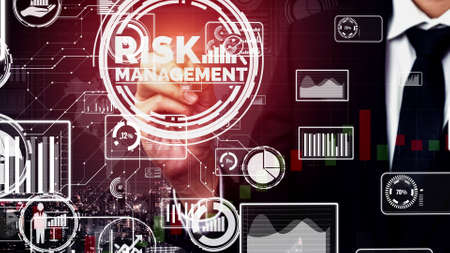 Risk Management and Assessment for Business Investment conceptual. Modern graphic interface showing symbols of strategy in risky plan analysis to control unpredictable loss and build financial safety.の写真素材