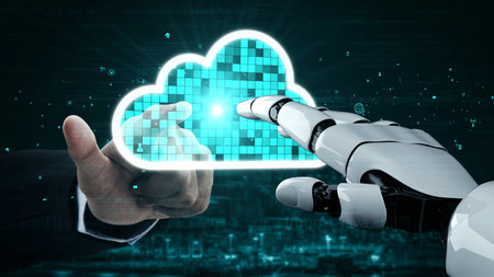 Futuristic robot artificial intelligence enlightening AI technology development and machine learning concept. Global robotic bionic science research for future of human life. 3D rendering graphic.の写真素材